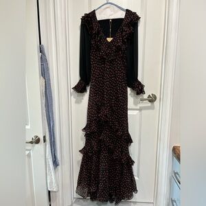 Michael Kors collection redblack dress size 8 silk rose print ruffled hem maxi